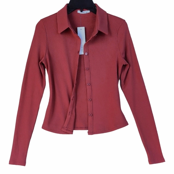 Women's Shirt Small Brick Long Sleeve Button-Up Cropped Shirt Stretch New - Picture 1 of 13